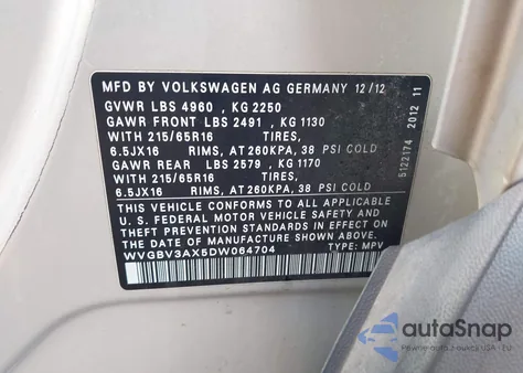 2013 Volkswagen Tiguan S z USA, uszkodzony, nr VIN WVGBV3AX5DW064704